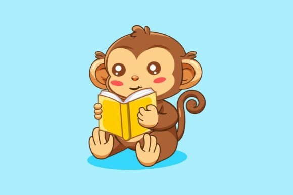 Cute Cartoon Monkey Reading a Book Graphics