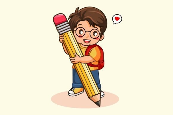 Happy Boy Student Holding Big Pencil Vec: Graphics & Illustrations for Creative Projects