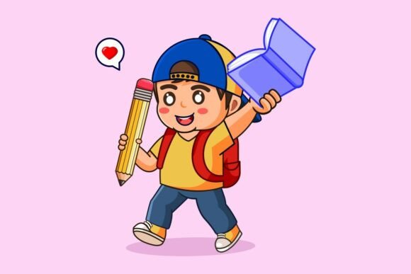 Happy School Boy Holding Pencil and Book Graphics