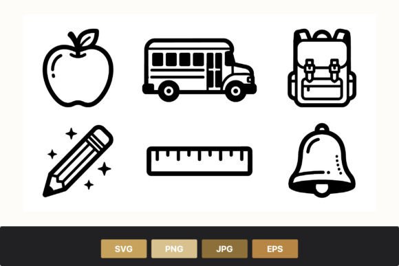 School Bus Apple Backpack Line Icons Graphics