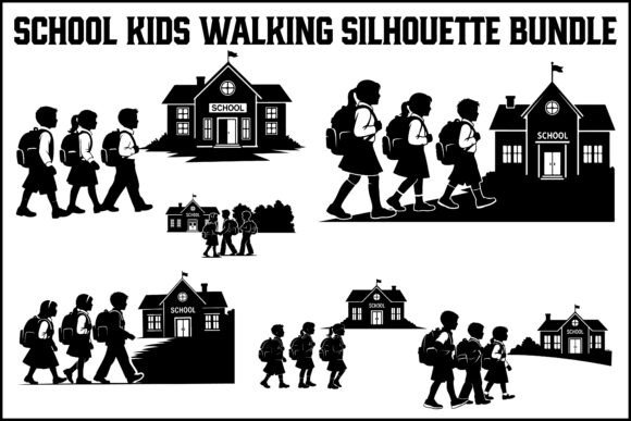 School Kids Walking Silhouette Bundle: Graphics & Crafts for Real Projects