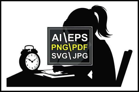 Silhouette Girl Studying at Desk Clock C: Graphics for Editorial Use