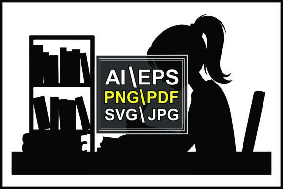 Silhouette Girl Studying at Desk Graphics