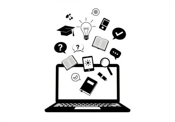 Silhouette Laptop with Education Floatin: Graphics and Illustrations