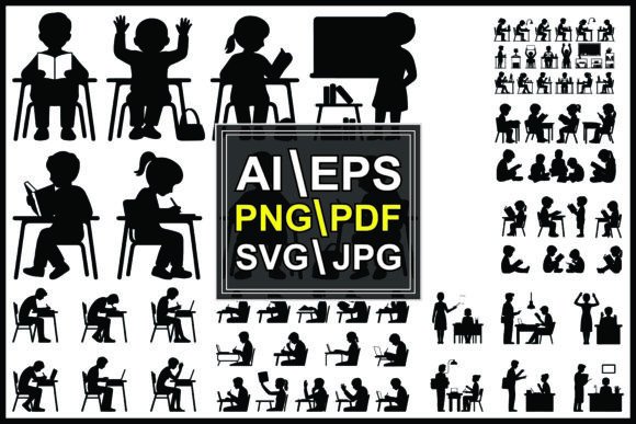 Silhouettes of Children Studying Reading: Graphics for Creative Projects