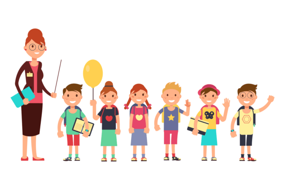 Teacher with School Kids. Cartoon Child Graphics